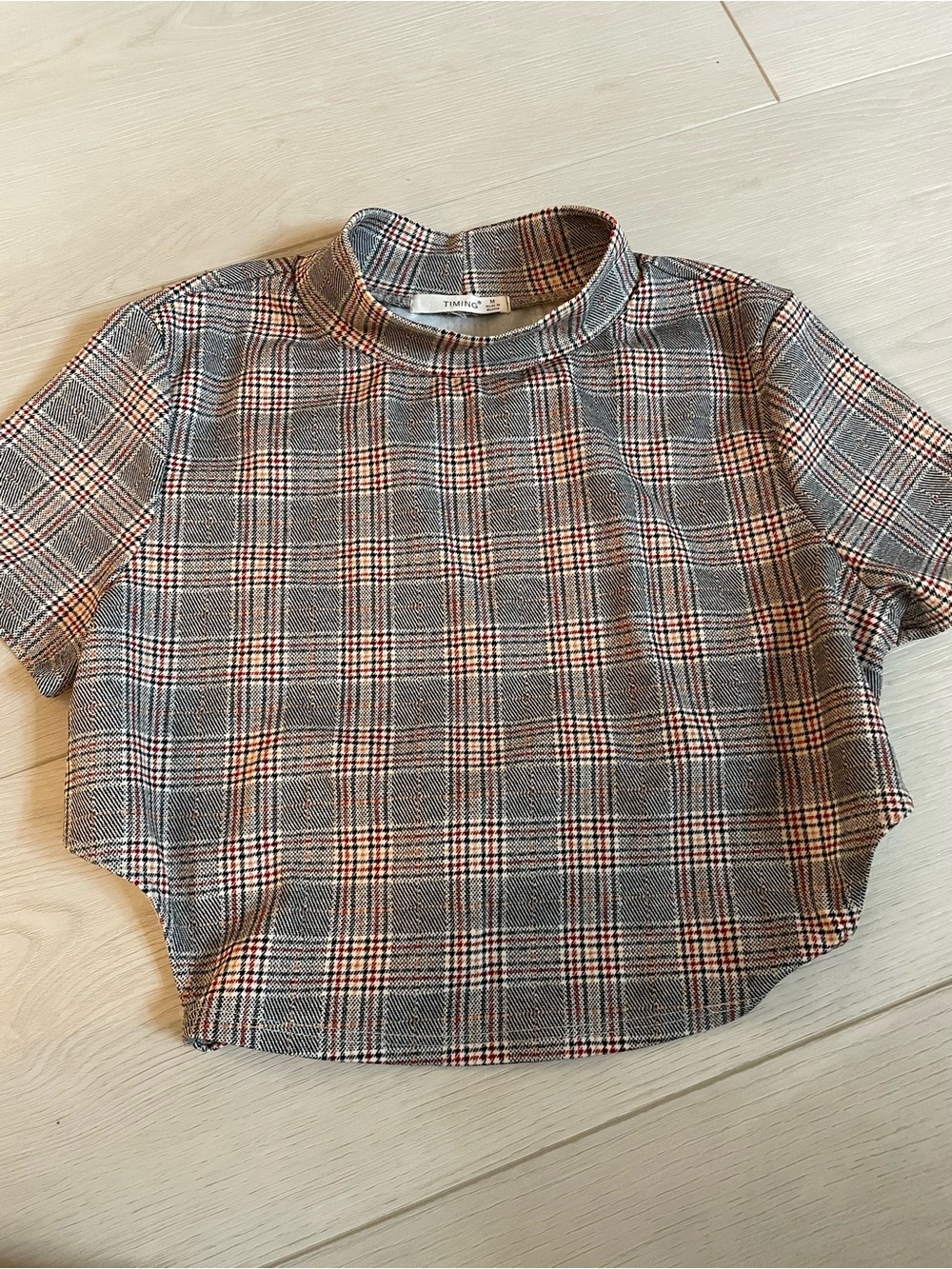 Plaid Mock Neck Crop Top with Tie Back